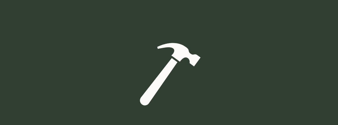 Centered white hammer icon on dark green background, representing handcrafted custom furniture built with reclaimed wood and steel in Arizona. Ideal for historic homes, modern cafés, or minimalist spaces.