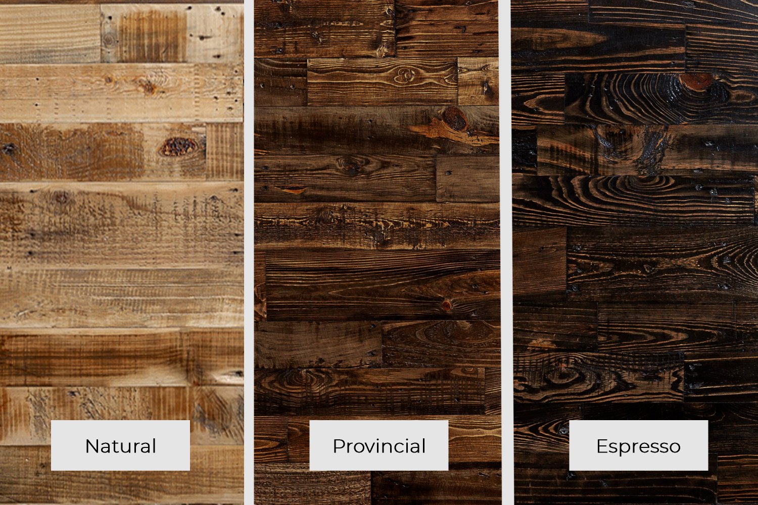 Three reclaimed wood samples—Natural (light tan), Provincial (medium brown), and Espresso (dark brown)—highlight stain choices for handcrafted bar tables or kitchen islands with durable steel hairpin legs. Made in Arizona.