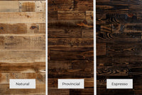 Three reclaimed wood swatches display stain options for your handcrafted Arizona bar table or kitchen island: Natural (light brown), Provincial (medium brown), and Espresso (dark brown), all showcasing rich, durable wood grain.