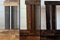 Three close-up panels display handcrafted reclaimed wood bar table legs and edges, each with a unique stain—light, medium brown, and dark. Arizona-made quality highlights rich wood grain for enduring bar-height or kitchen island style.