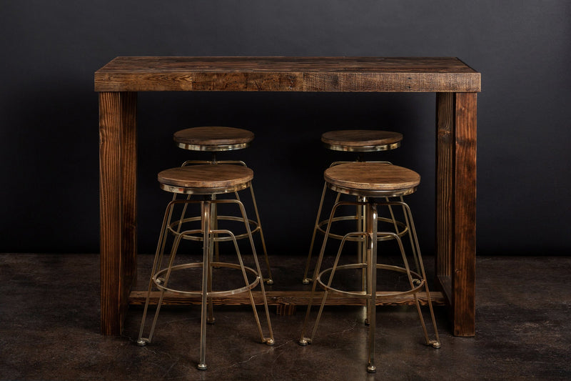 This handcrafted Arizona bar-height table highlights sustainable reclaimed wood and a rustic finish. Paired with four sturdy wooden stools and steel legs, it’s ideal as a narrow kitchen island or dining table in any setting.