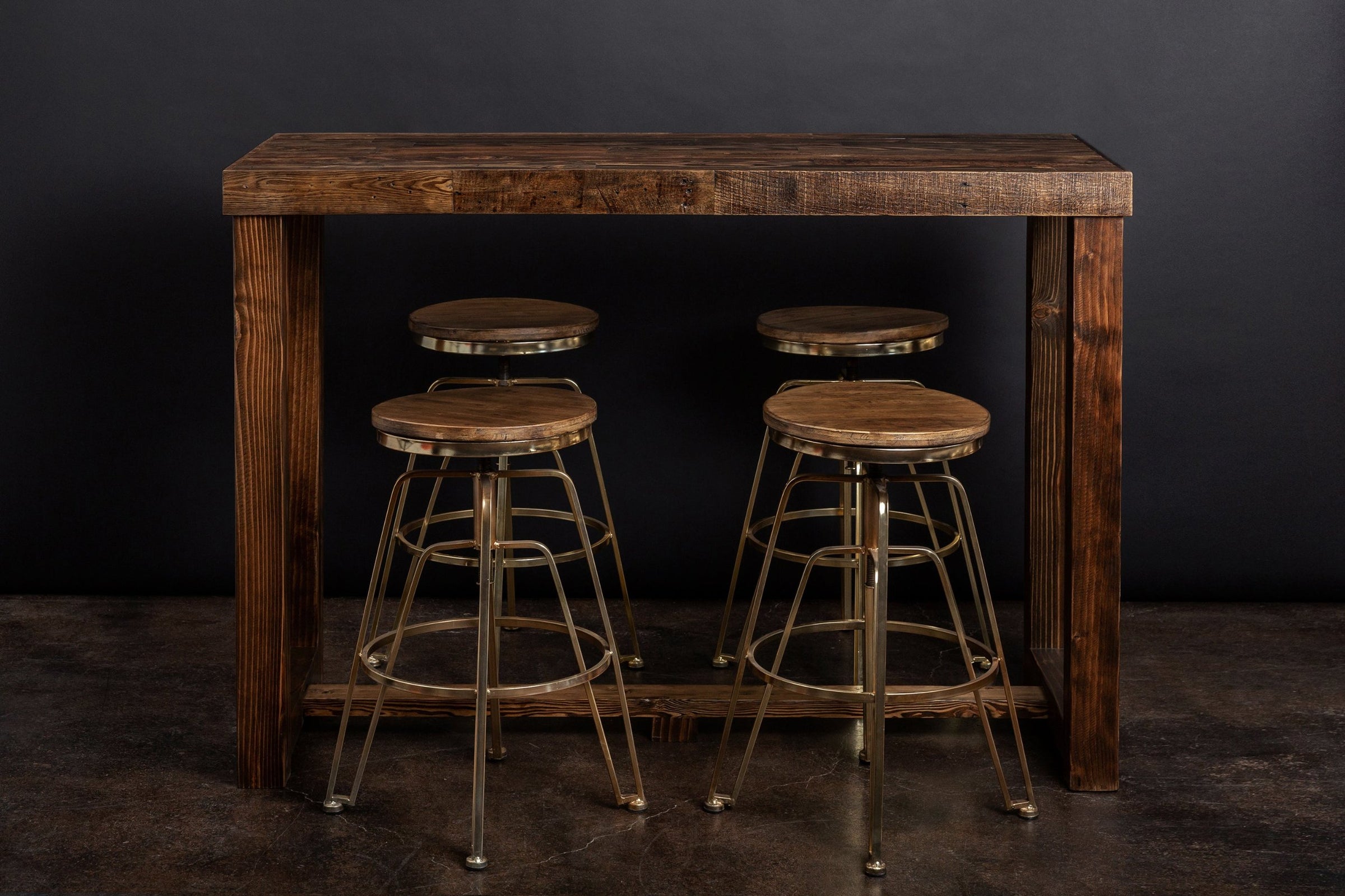 Handcrafted in Arizona, this bar-height Sequoia table is made from reclaimed wood and paired with four round stools with sturdy steel legs. A statement of lasting quality, ideal as a bar table or kitchen island. Custom sizes offered.