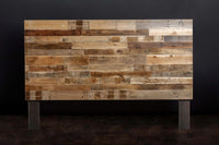 This handcrafted reclaimed wood headboard showcases a patchwork of rich, natural textures and grain patterns. Sustainably sourced in Arizona, it’s an enduring example of quality reclaimed wood furniture.