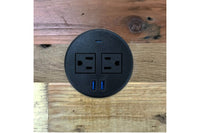Expertly embedded in this handcrafted reclaimed wood bar table, a sleek black circular outlet offers two standard sockets, USB and USB-C ports—an ideal sustainable solution for modern kitchen islands or dining spaces.