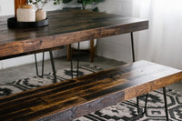 Experience timeless design with our reclaimed wood dining table and handcrafted hairpin leg bench, expertly made in Arizona. Ideal as a narrow dining table or restaurant table, each piece showcases artisanal quality and sustainable materials.