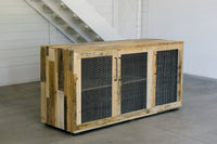Handcrafted in Arizona, this reclaimed wood sideboard with three mesh metal doors brings lasting quality and artisan detail to any minimalist space—a versatile addition as a narrow table or bar table for the kitchen or dining area.