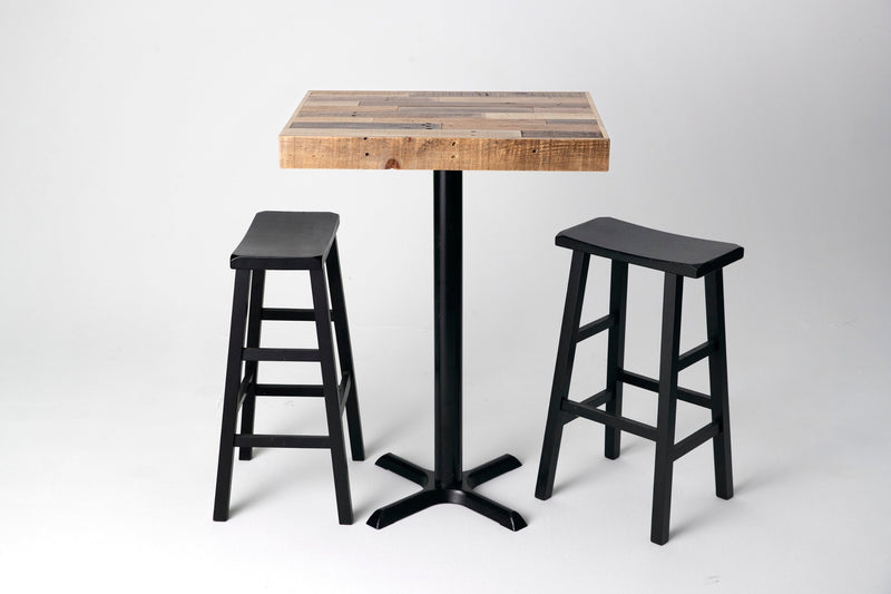 This handcrafted bar-height table showcases a square reclaimed wood top and sturdy black steel pedestal base, paired with sleek black stools—ideal as a kitchen island, restaurant table, or narrow dining solution.