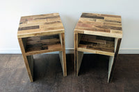 Expertly handcrafted in Arizona, these narrow side tables showcase artisan patchwork tops of sustainably sourced reclaimed wood. Each piece offers a lower shelf for storage—ideal as kitchen islands or reclaimed wood furniture accents.