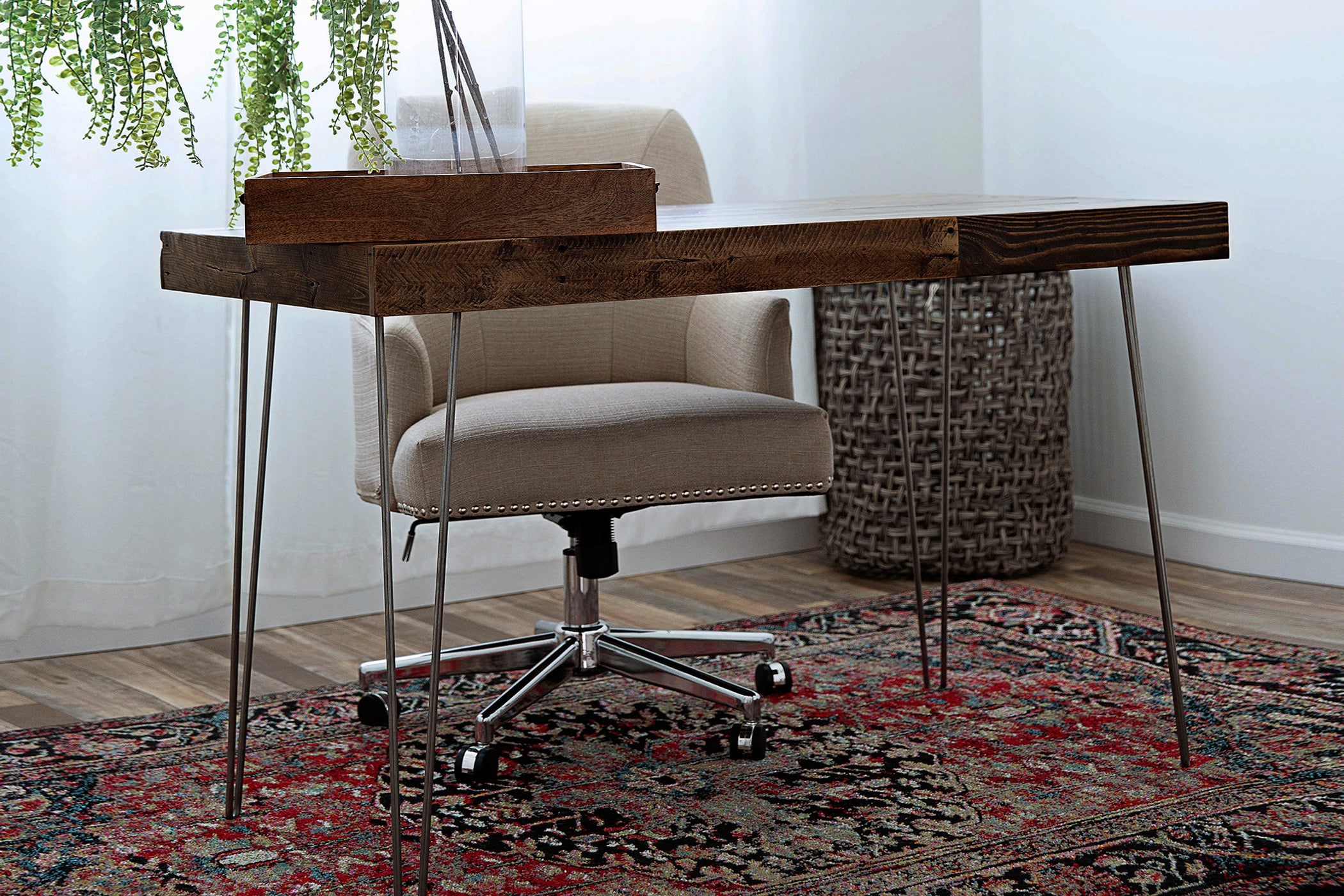 Experience timeless craftsmanship with this handcrafted Arizona home office desk, featuring a reclaimed wood tabletop and sturdy steel hairpin legs. Ideal as a narrow desk or workstation, paired with sustainable décor and hardwood floors.