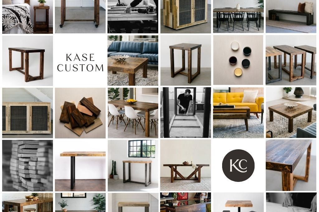 Collage of Kase Custom handcrafted reclaimed wood furniture thumbnails and logos.