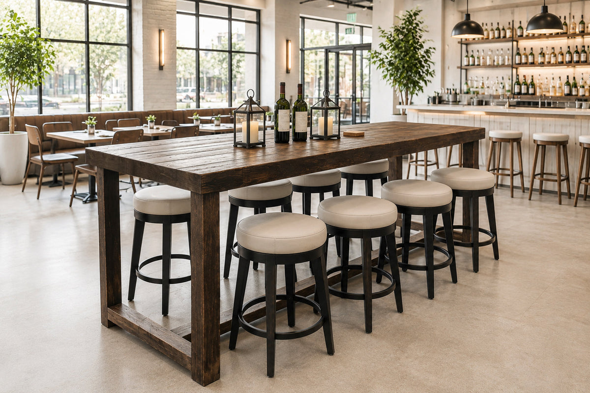 A welcoming restaurant showcases a handcrafted reclaimed wood bar-height table with cushioned stools. Sunlight filters in, highlighting enduring quality and sustainable materials. Bar and potted trees complete the scene.