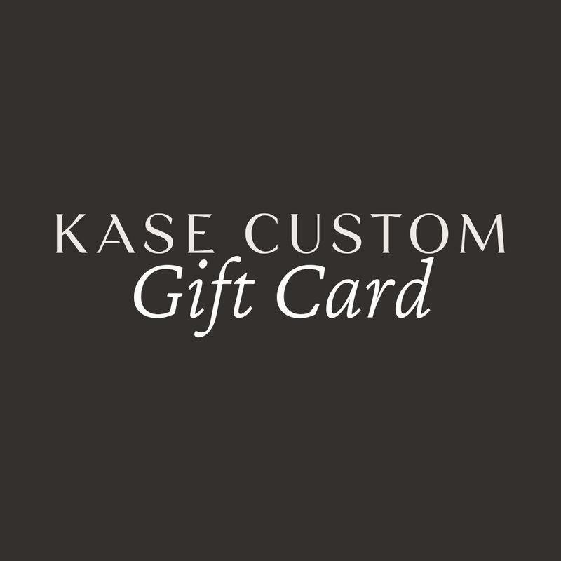 Iron black background with text that reads Kase Custom Gift Card in a light cream font color and branded font 