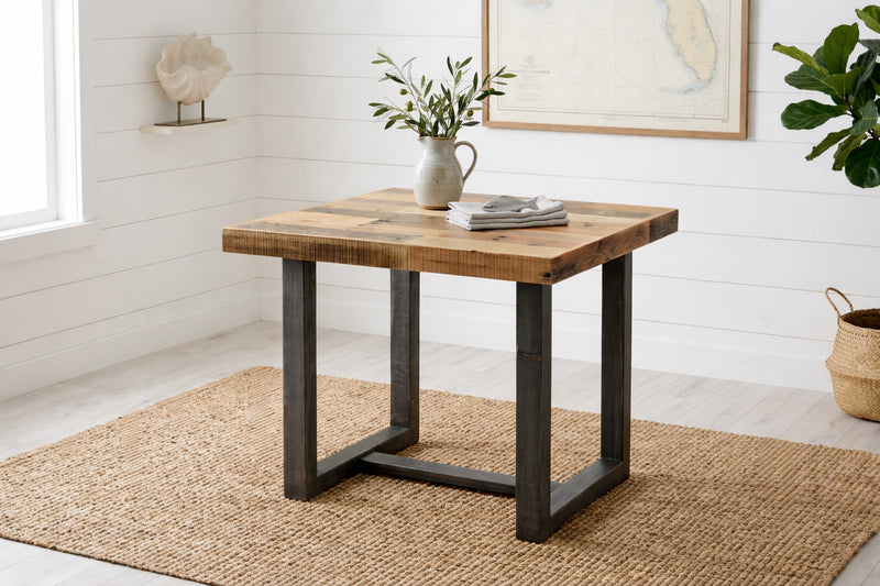 Elevate your space with this handcrafted, reclaimed wood square dining table featuring a rustic thick top. Natural reclaimed material brings sustainable style and enduring quality.