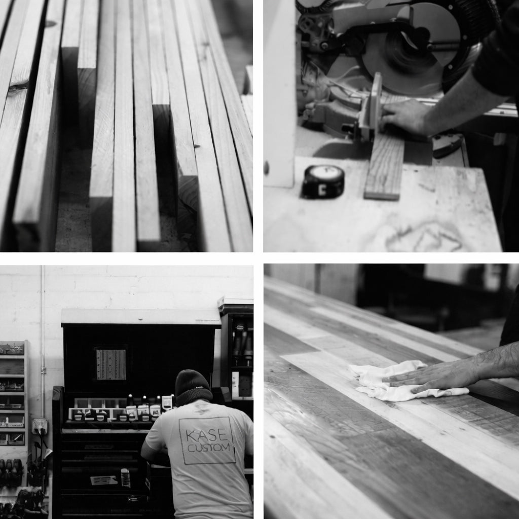 A black and white collage celebrates handcrafted Arizona craftsmanship: reclaimed wood planks, a circular saw shaping sustainable material, a KASE Custom artisan at work, and careful finishing on a bar-height table or kitchen island.