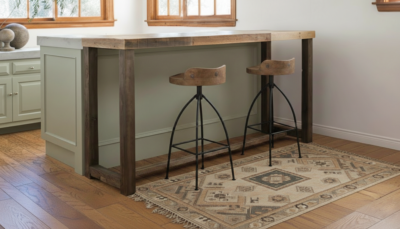 Handcrafted in Arizona, this reclaimed wood kitchen island features a durable countertop and two modern wooden bar stools. Set on hardwood floors with natural light, it’s a timeless bar-height table and centerpiece for any space.