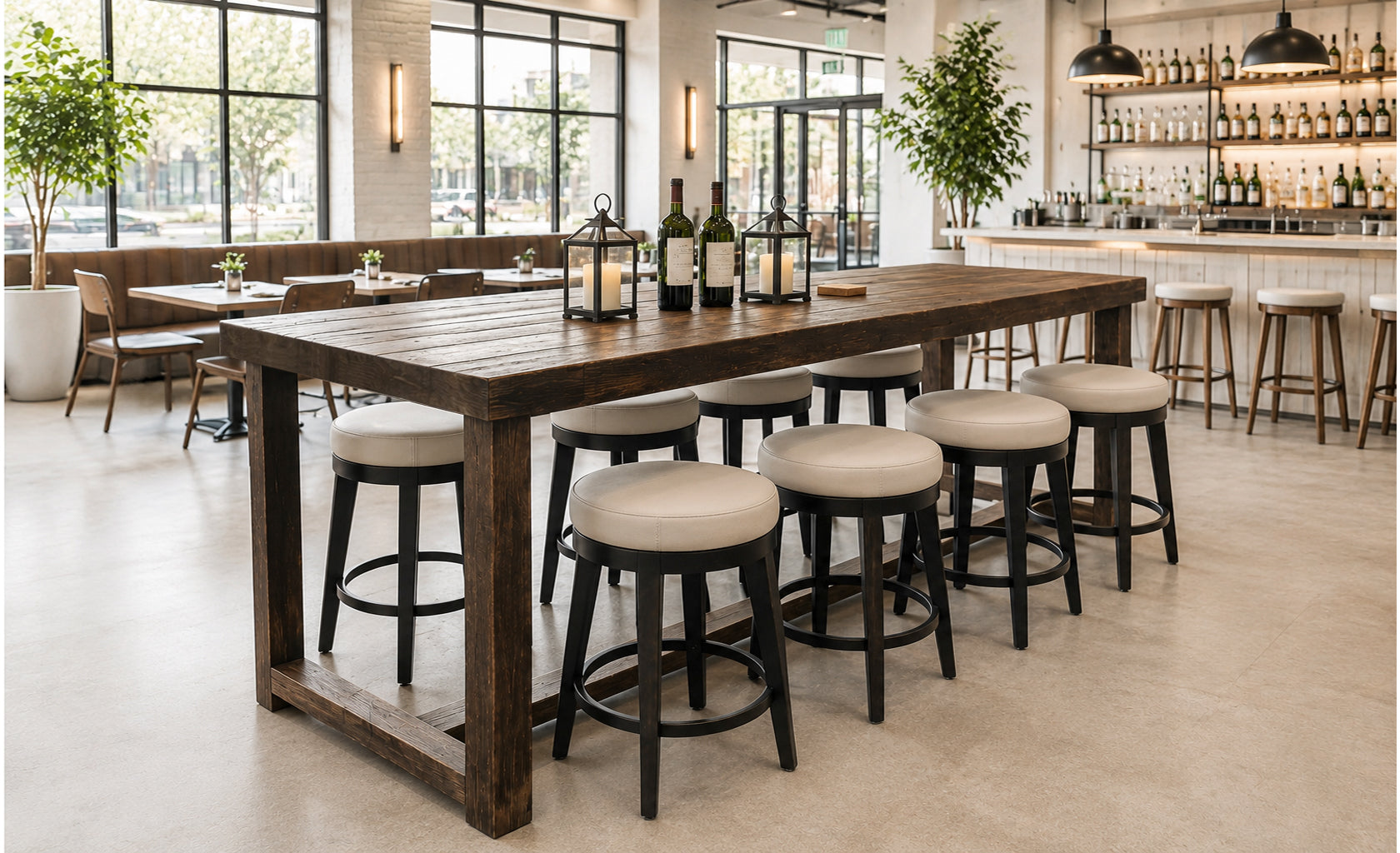 Wood communal bar table with eight stools in the center of a bright and modern restaurant.