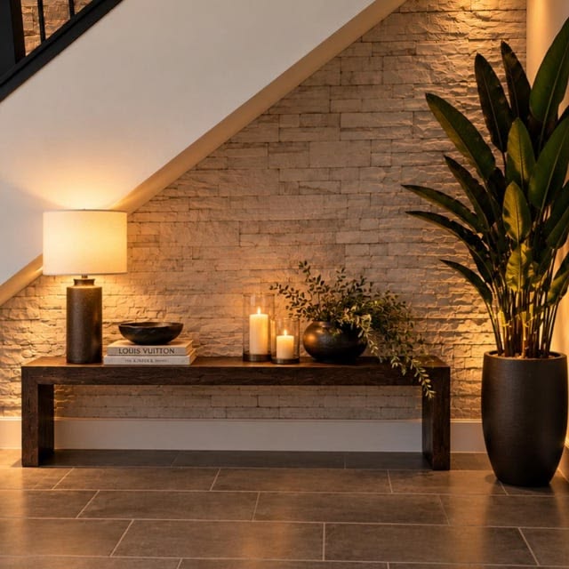 Reclaimed wood waterfall bench styled in entryway with books, plants and accent lighting. 