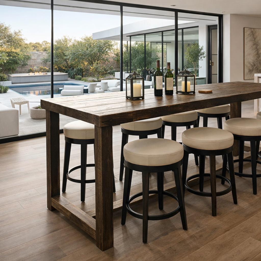 This inviting kitchen showcases a handcrafted reclaimed wood kitchen island, perfect as a bar-height table or narrow dining table. Cushioned stools, candles, and wine bottles enhance its warmth, while glass doors open to outdoor seating and a serene pool.