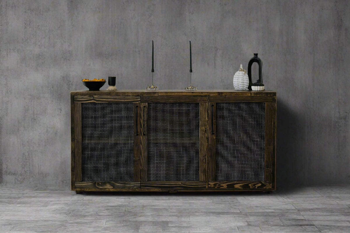 Experience timeless craftsmanship with this handcrafted reclaimed wood sideboard, featuring mesh-front doors.