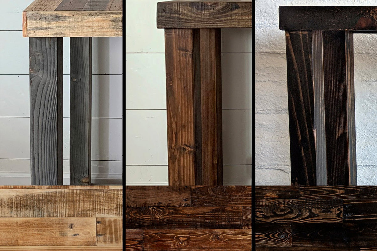 Three artisan-crafted reclaimed wood table legs—light-natured, medium brown, and rich dark—showcase distinctive finishes and sustainable craftsmanship. 