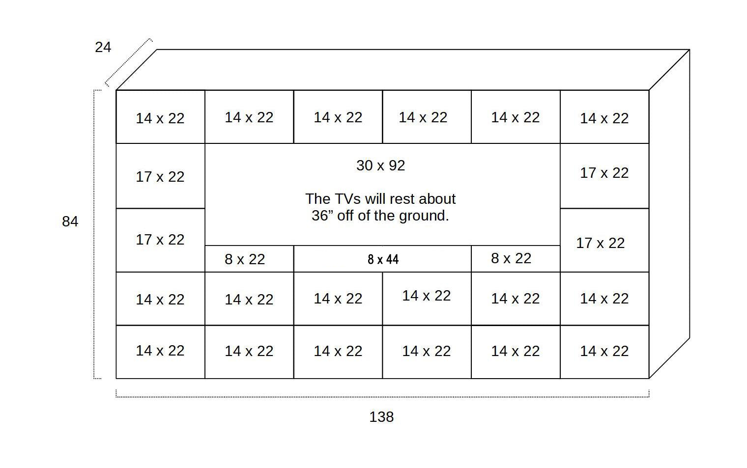 A rectangular diagram shows TV dimensions in inches around a 30x92 area, with an 84x138 custom media unit made from handcrafted, sustainably sourced golden oak, elevated 36” off the floor—an enduring reclaimed wood furniture piece.