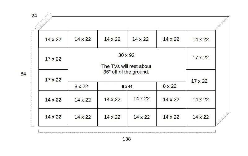 A rectangular diagram shows TV dimensions in inches around a 30x92 area, with an 84x138 custom media unit made from handcrafted, sustainably sourced golden oak, elevated 36” off the floor—an enduring reclaimed wood furniture piece.