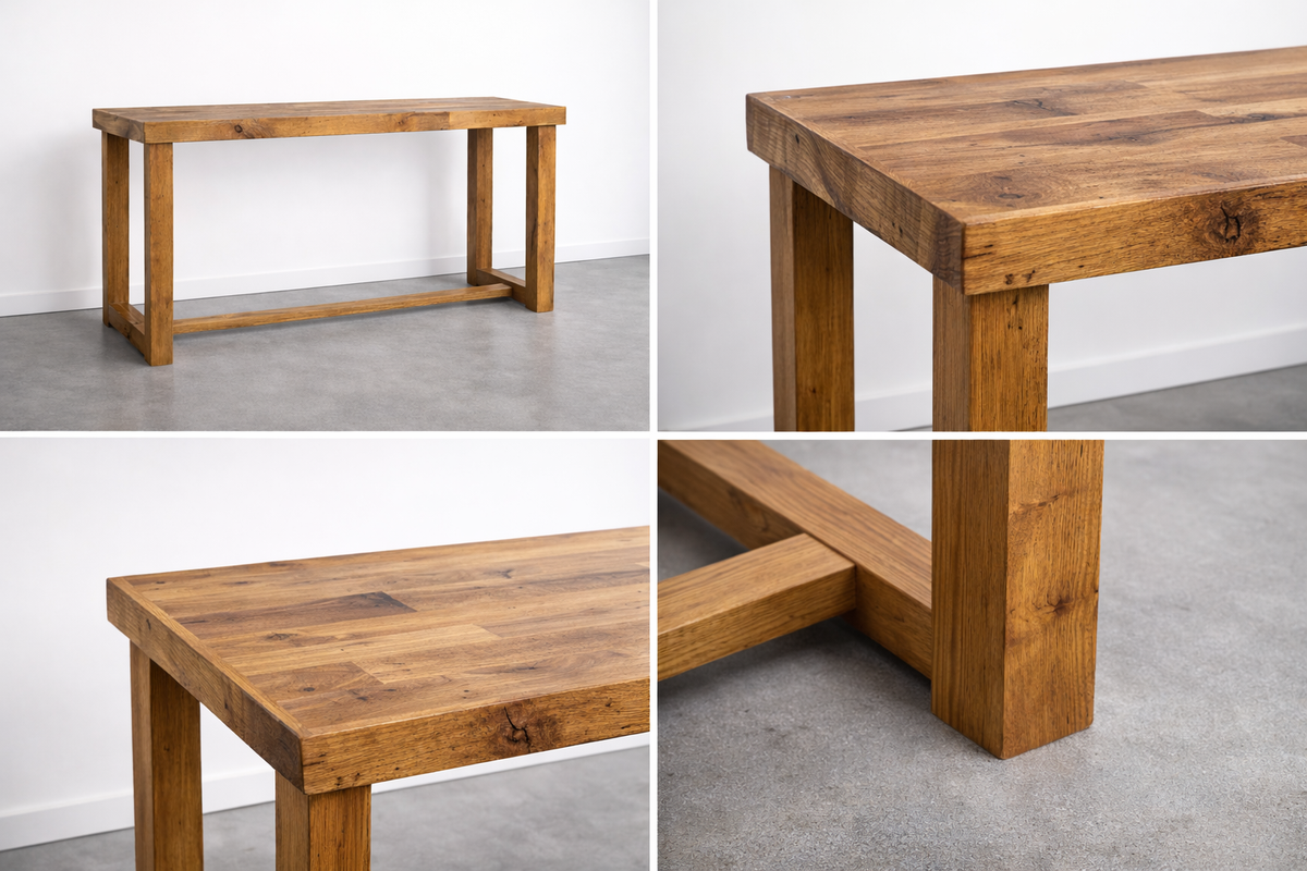 A collage features a handcrafted, rectangular bar-height table made from sustainably sourced reclaimed wood with a Golden Oak Finish. Close-ups highlight rich grain, robust legs, and precise joinery—ideal as a narrow kitchen island.