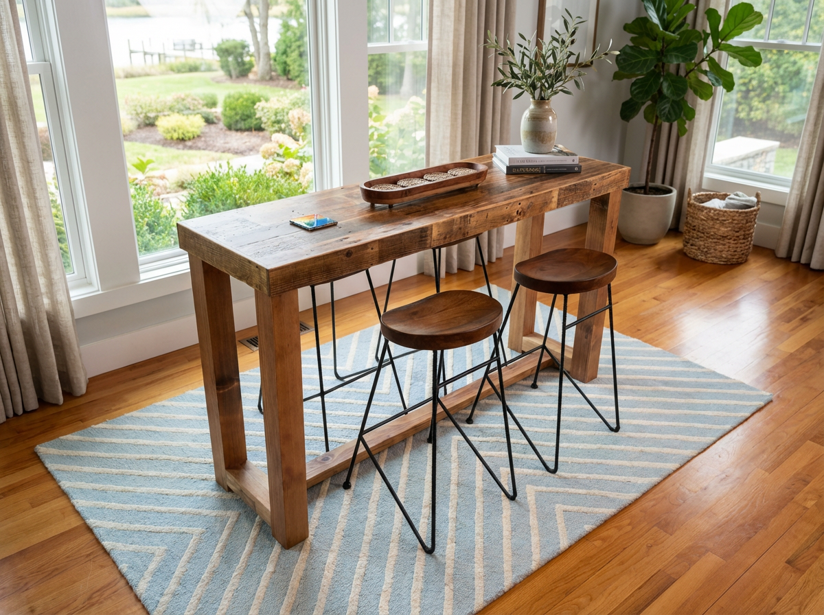 This handcrafted bar-height table with three matching stools, made from solid reclaimed wood in Arizona, sits on a blue and white chevron rug with large windows and plants—an enduring centerpiece for dining or restaurant settings.