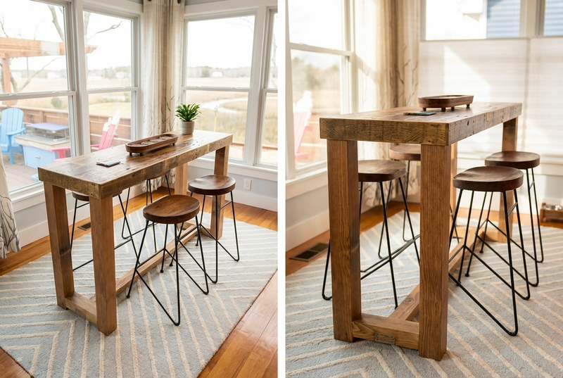 This handcrafted Sequoia bar-height table, made from sustainable reclaimed wood in Arizona, pairs with four round stools with metal legs on a patterned rug. Perfect as a narrow kitchen island or restaurant table.