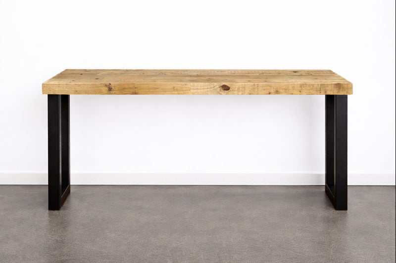 The Gunnison Steel Leg bar-height table features a robust, blonde reclaimed wood top and black steel legs, blending sustainability with timeless craftsmanship. Ideal as a narrow kitchen island or restaurant table. Handcrafted in Arizona.