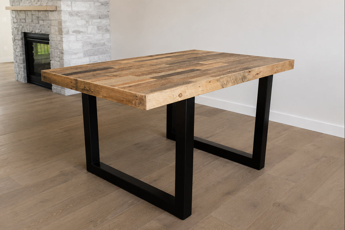 Reclaimed wood counter table with black steel u-shape legs. Custom made to order in Arizona. 
