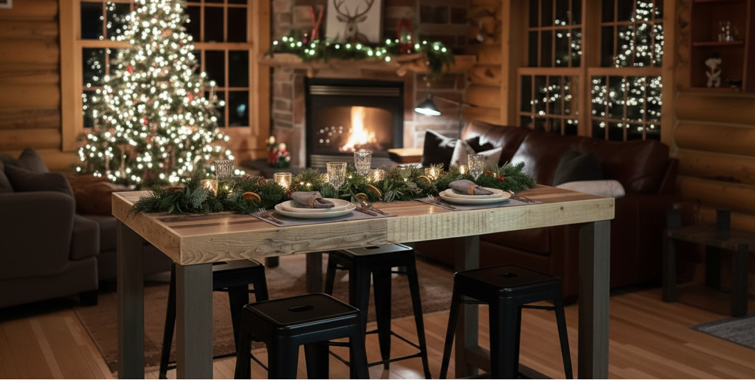 Counter height bar table with stools front and center in cozy log cabin living room with a decorated Christmas tree and fireplace.