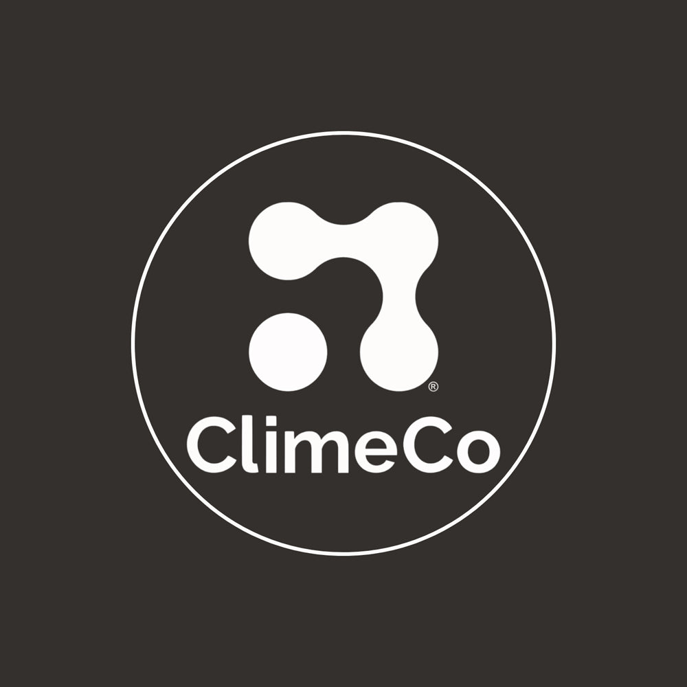 The white ClimeCo logo, set within a white circle on a dark backdrop, features abstract connected dots above the bold 'ClimeCo' wordmark in a modern style—reflecting sustainable craftsmanship and enduring brand quality.