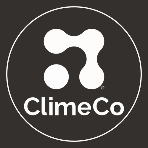 ClimeCo logo with an abstract, interconnected dot design above bold "ClimeCo" lettering, all in white on a dark backdrop framed by a circular border. Crafted with enduring quality, perfect for sustainable brand identity.