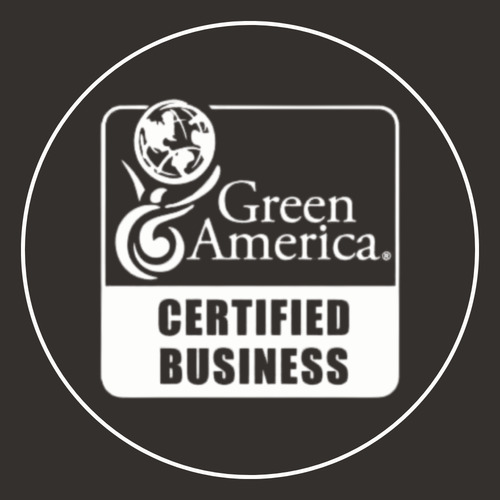 Green America Certified Business logo, featuring a globe with a person holding a leaf, symbolizes commitment to quality reclaimed wood furniture—ideal for your sustainable bar-height table, restaurant table, or handcrafted Arizona kitchen island.