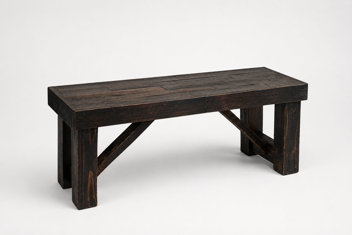 Reclaimed wood bench handmade in Arizona and finished with dark coffee Espresso finish. Sustainably made rustic bench on white background.