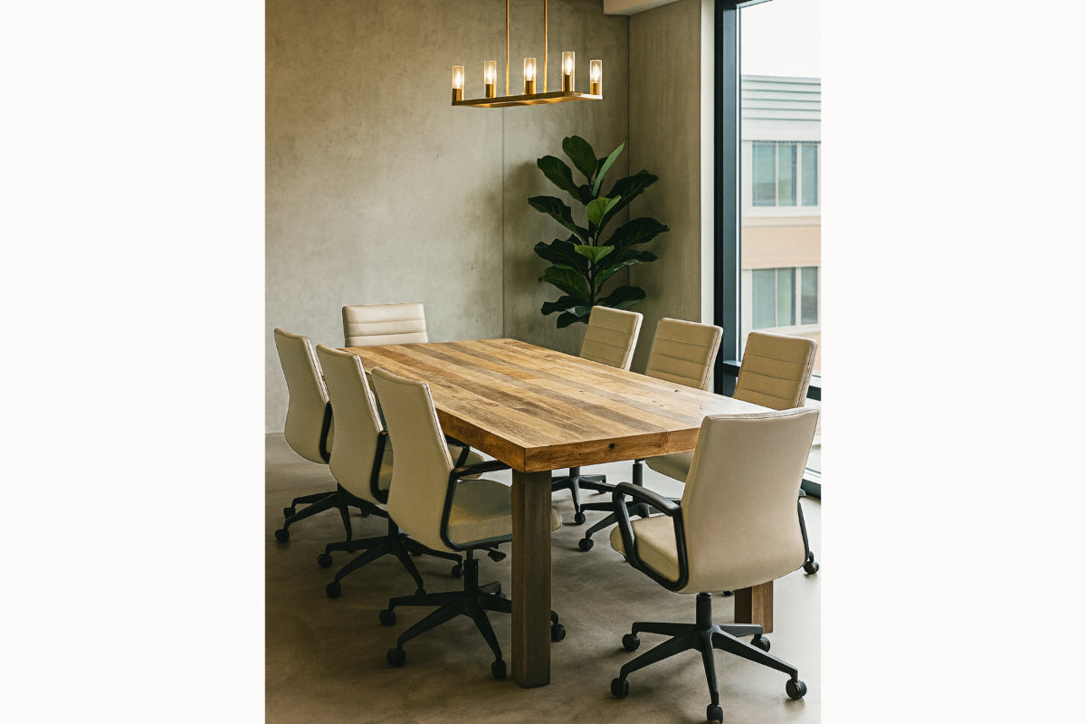 A sunlit conference room featuring a handcrafted reclaimed wood conference table—also perfect as a restaurant table—with beige office chairs, green plant, gold chandelier, and expansive windows. Sustainable Arizona quality.