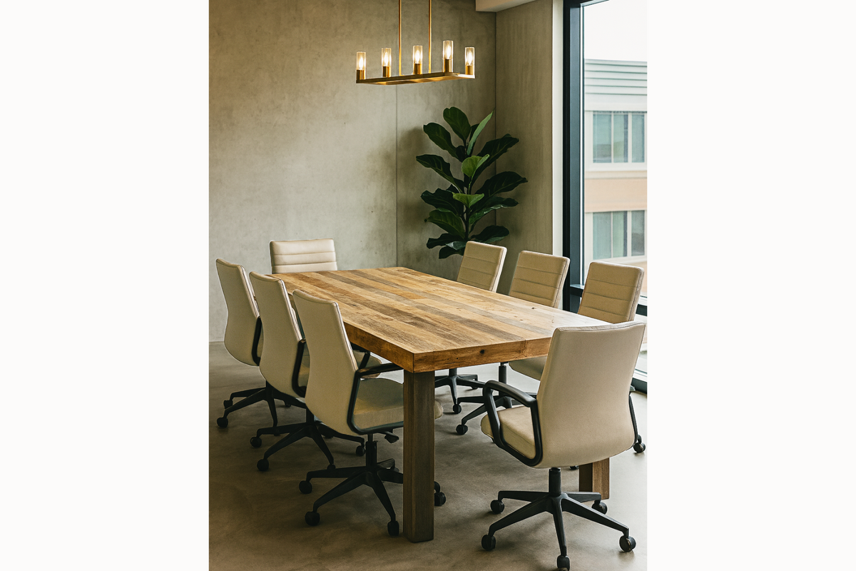 A sunlit conference room featuring a handcrafted reclaimed wood conference table—also perfect as a narrow dining or restaurant table—with beige office chairs, green plant, gold chandelier, and expansive windows. Sustainable Arizona quality.