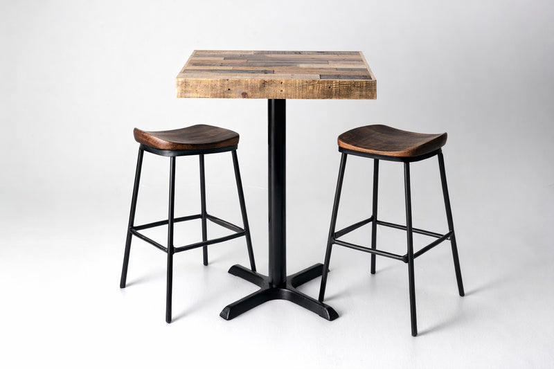 This handcrafted bar-height restaurant pedestal table showcases a square reclaimed wood top and sturdy black steel commercial base, paired with sleek wood and black stools. Great for restaurants, cafes, bars and home nooks. 