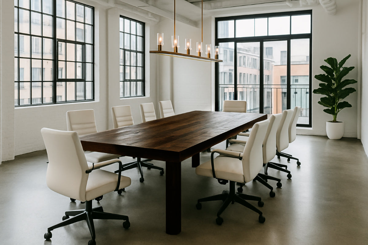 A bright, minimalist conference room showcases a handcrafted reclaimed wood dining table with eight white office chairs, gold chandelier, and large windows. Arizona-made quality meets sustainable restaurant or bar table design.