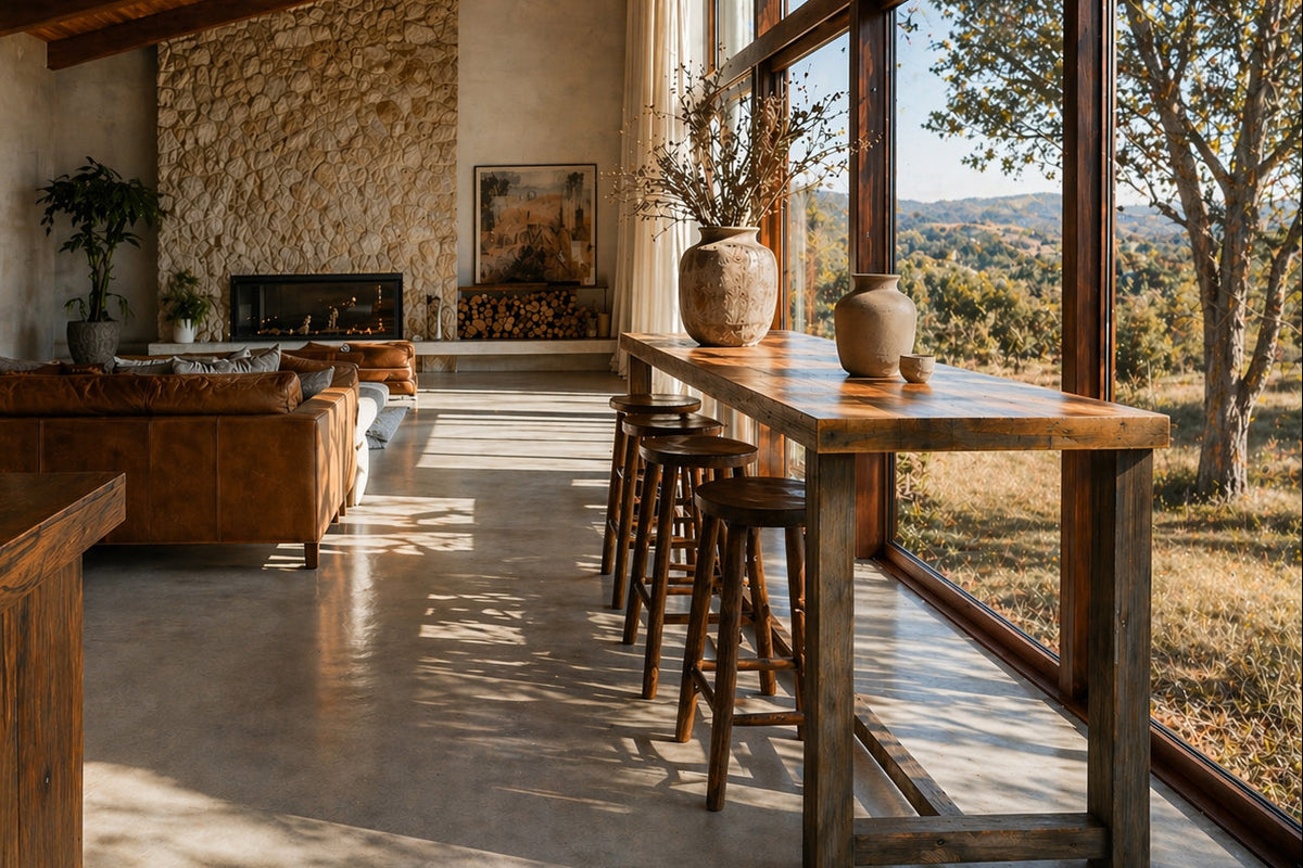 A sunlit rustic living room features a handcrafted solid reclaimed wood bar table near a stone fireplace, potted plants, and brown sofas. Large windows showcase scenic hills, reflecting enduring quality and artisan Arizona craftsmanship.