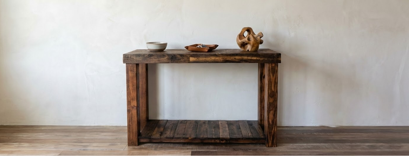 This handcrafted narrow console table, made from reclaimed wood, adds timeless character to any space. Showcased with artisan decor atop and set against a textured wall, it's ideal as bar-height or restaurant furniture.