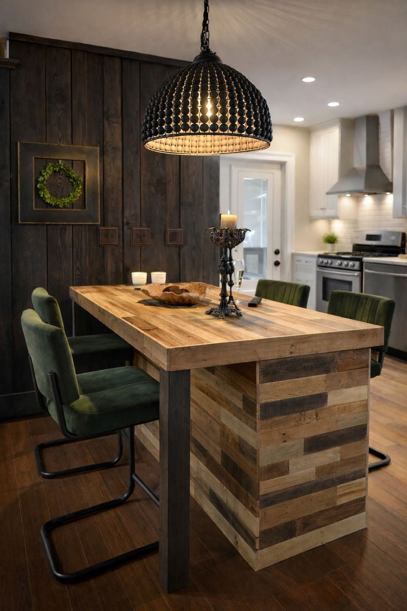 This warm, inviting kitchen centers around a handcrafted bar-height kitchen island made from mixed reclaimed wood tones. Green velvet chairs pair with the island, while a black beaded pendant and metal candle holder add artisan detail.