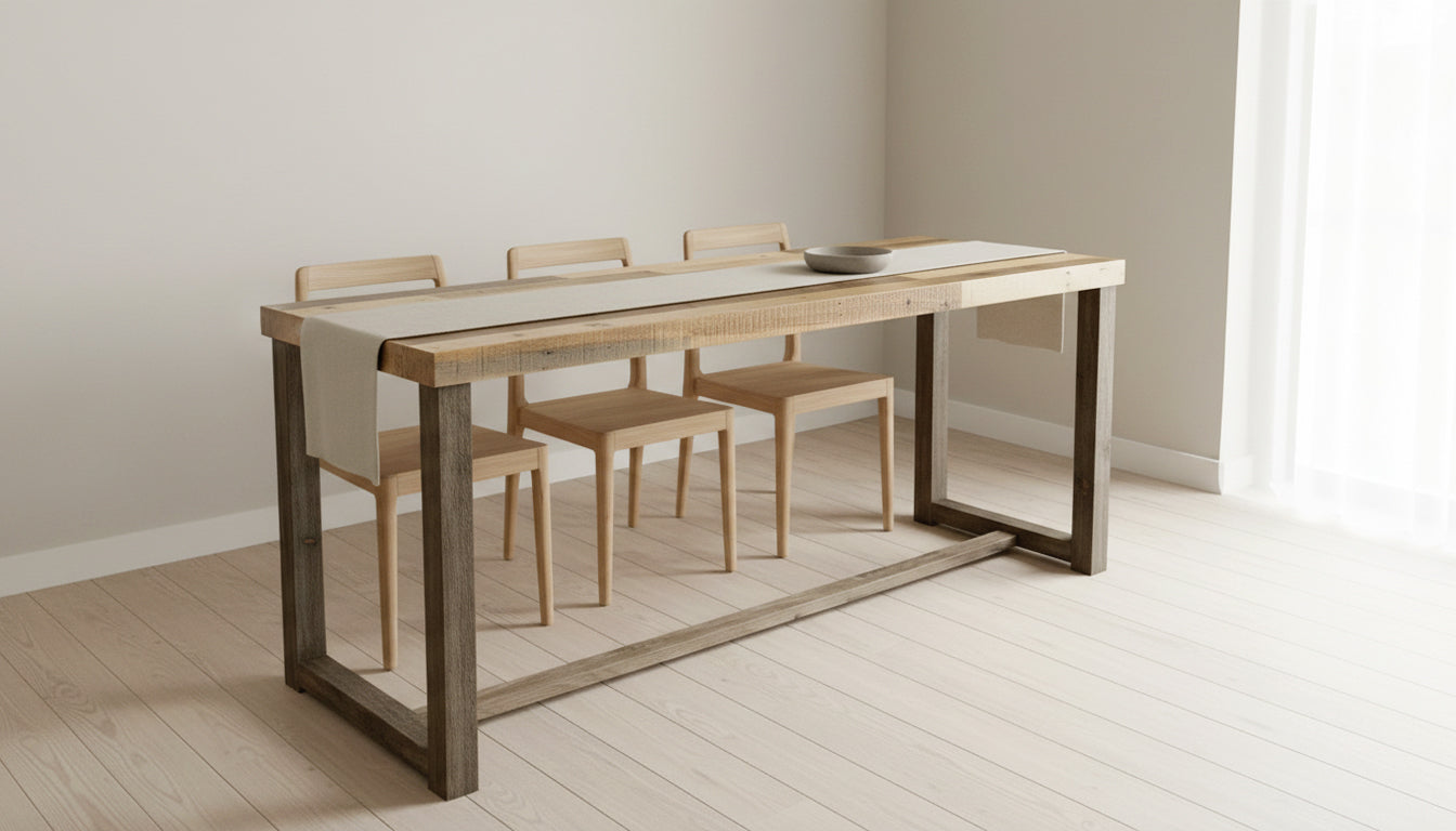 This bright, inviting dining space showcases a handcrafted reclaimed wood dining table with four artisan light wood chairs. The made-to-order table is finished with a neutral runner and bowl, highlighting enduring quality and sustainable design.
