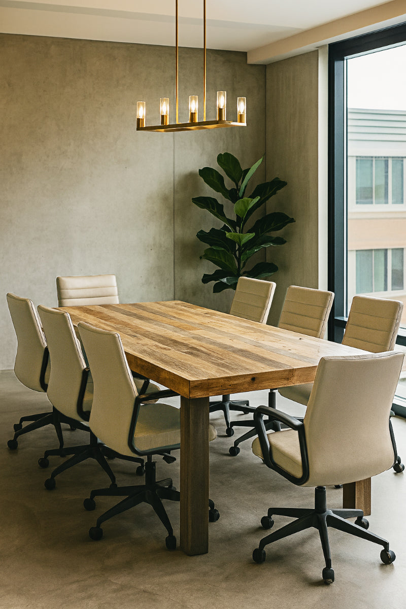 Experience enduring quality in this professional conference room, featuring a handcrafted reclaimed wood dining table, surrounded by sleek office chairs. Natural light and a gold chandelier enhance the sustainably crafted space.