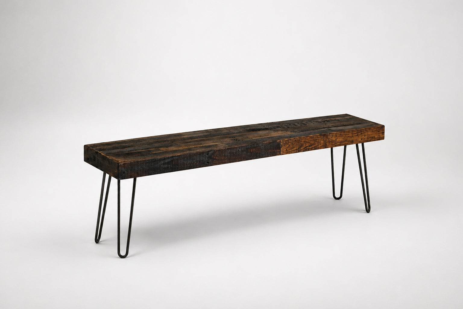 Reclaimed Wood Bench with modern steel hairpin legs on a white background. Handcrafted in Arizona by Kase Custom.
