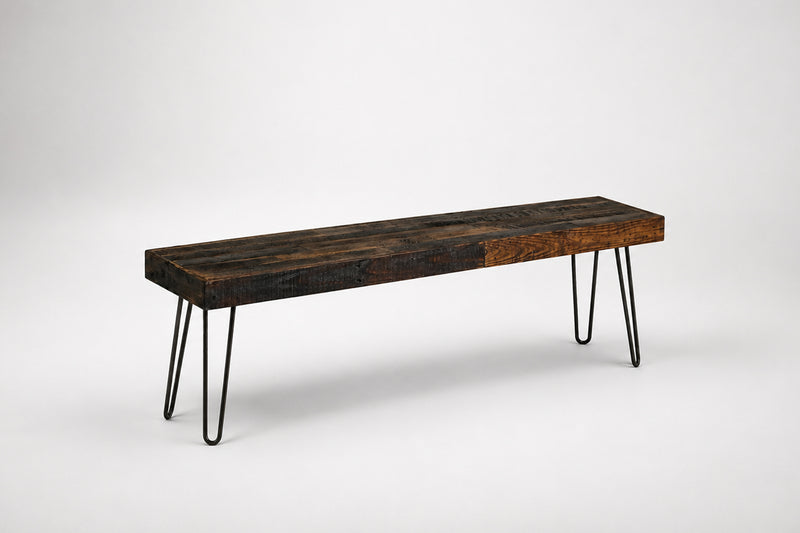 Reclaimed Wood Bench with modern steel hairpin legs on a white background. Handcrafted in Arizona by Kase Custom.