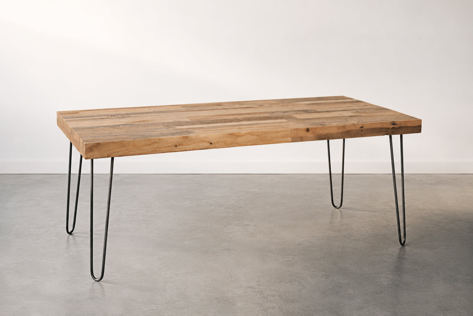 Sabine reclaimed wood hairpin leg table in Natural finish, handcrafted in Arizona by Kase Custom