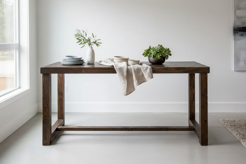 This handcrafted reclaimed wood bar-height table, perfect as a kitchen island or dining table, features enduring quality and sustainable materials. Styled with a beige cloth, dishes, and greenery in a sunlit, minimal room.