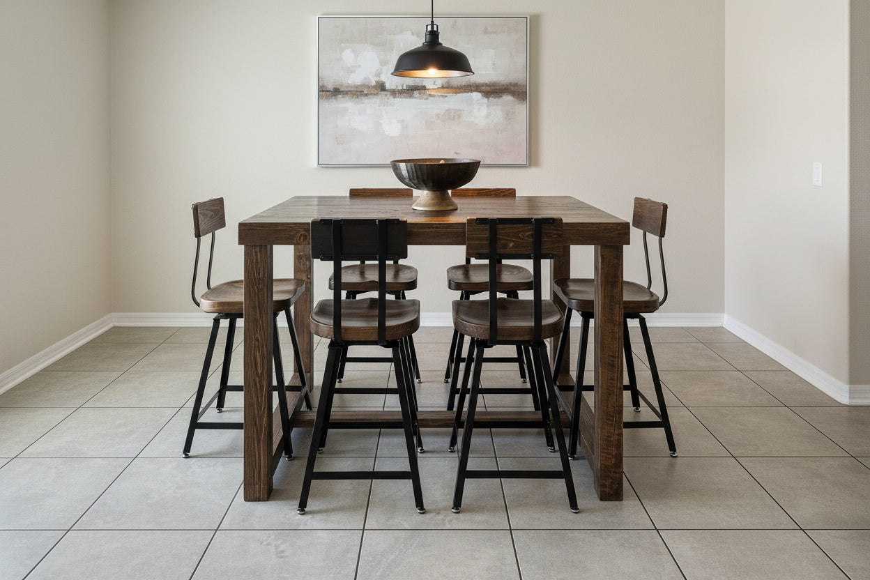 This inviting dining space showcases a handcrafted Arizona bar-height table with six matching chairs, all made from sustainable reclaimed wood atop tiled floors. A pendant light and elegant abstract art complete the look.